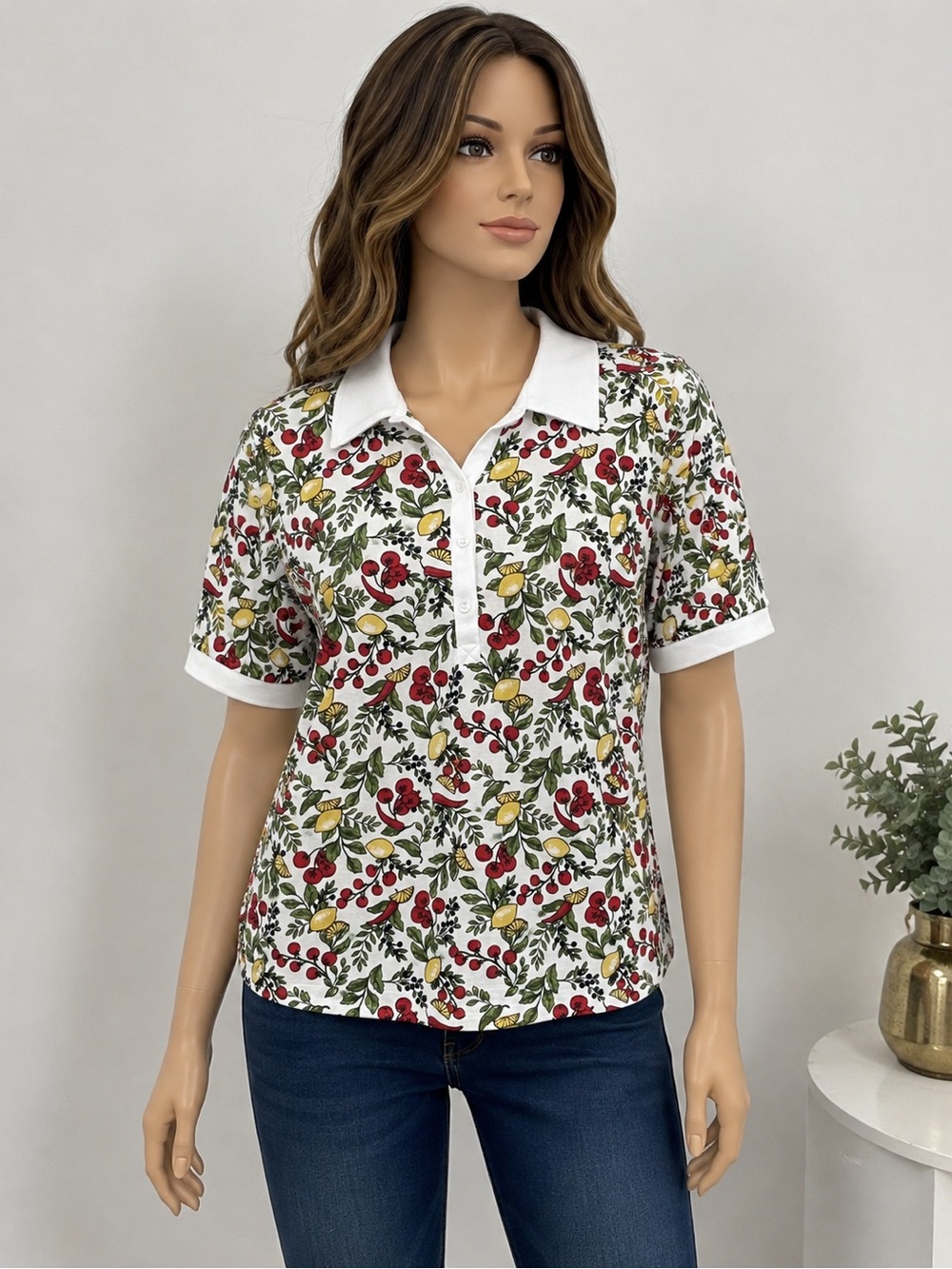 Emly Daniels White Short-Sleeve Fruit-Print Polo